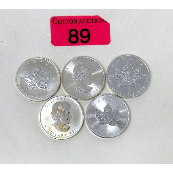 5 x 1 Oz .9999 Silver 2012 Maple Leaf Coins 