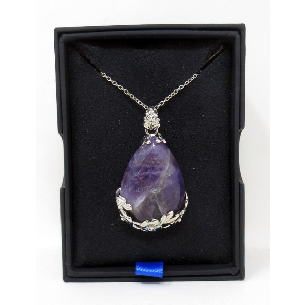 25 Carat Polished Teardrop Amethyst Pendant with Sterling Chain