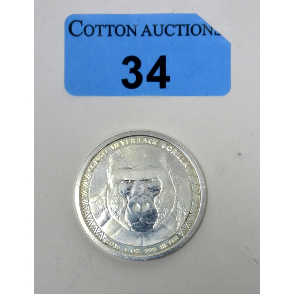 1 Oz .999 Silver 2016 Congo Silverback Gorilla Coin 