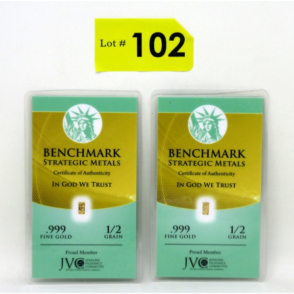 2 x 1/2 Grain .999 Fine Gold Certified Bars 