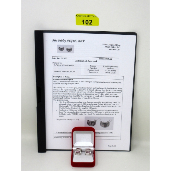 14 KT White Gold Diamond & Ruby Earrings