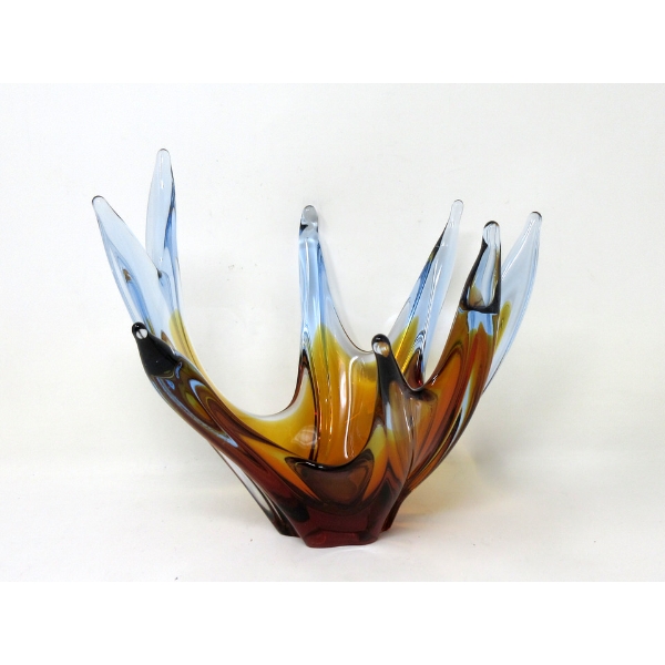 Mid-Century Blue to Amber Art Glass Antler Bowl