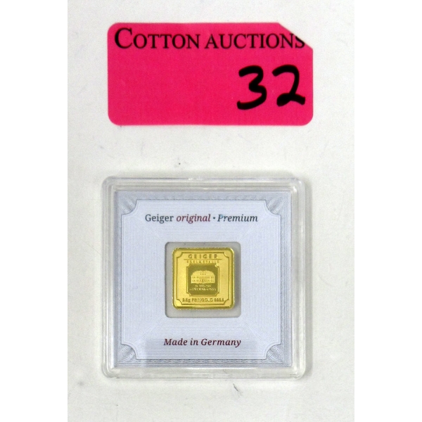2.5 Gram .9999 Fine Gold Geiger Certified Bar 
