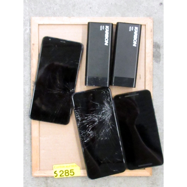 3 Assorted Cellphones & 2 Karbon Vest Batteries