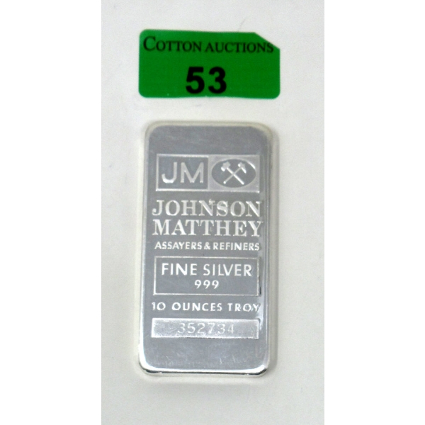 10 Oz .999 Silver Johnson Matthey Bar 