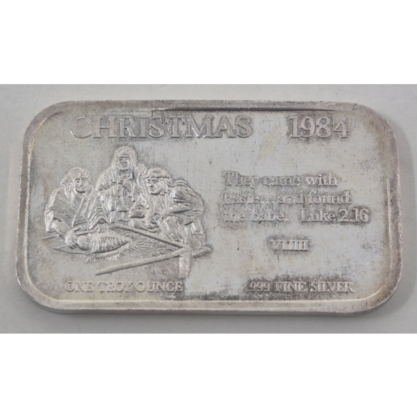 Vintage 1 Oz .999 Silver 1984 Christmas Bar 
