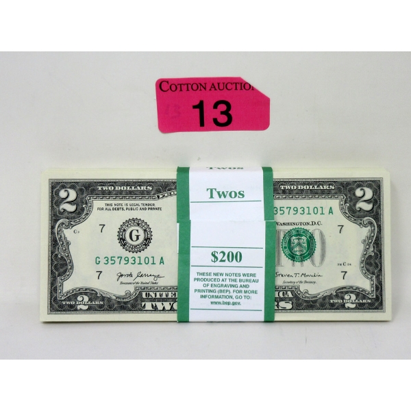 Bagged Bundle of 100 x $2 US Bills 