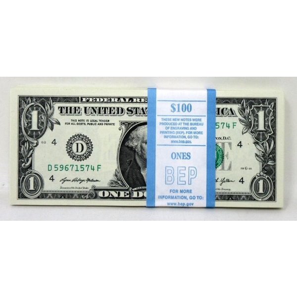 100 x $1 USD Uncirculated Federal Reserve Bundle 
