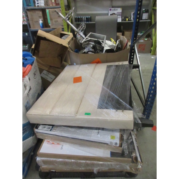 Skid of Headboard & Assorted Flat Pack Furniture