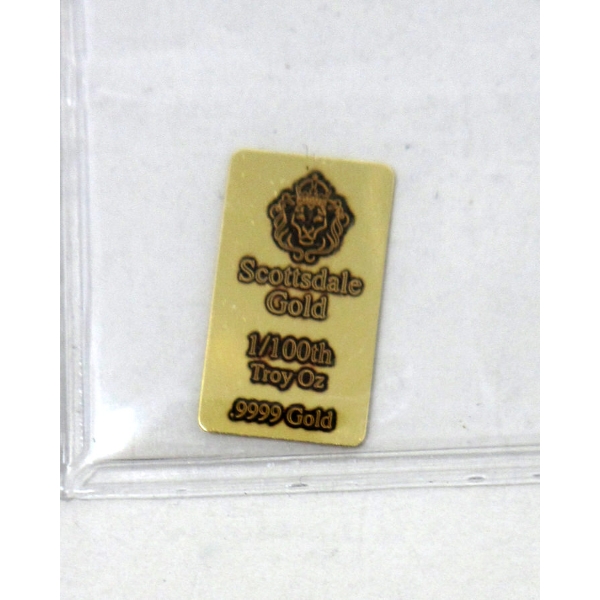 1/100 Oz .9999 Fine Gold Scottsdale Lion Bar 