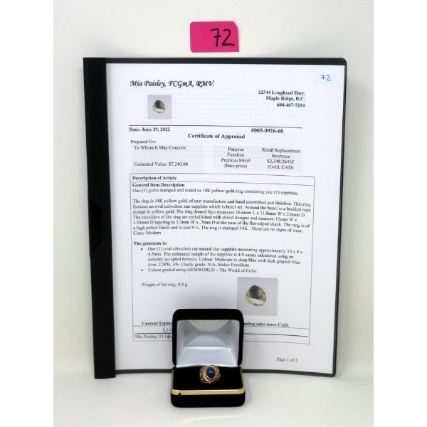 14 K Yellow Gold Mans Star Sapphire Ring - 4.9 Carats