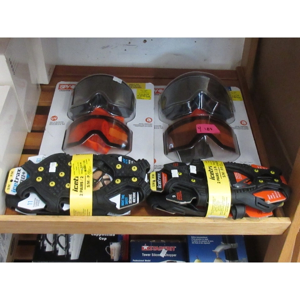 2 Spy+ Snow Goggle Sets & 2 Ice Trax Crampons