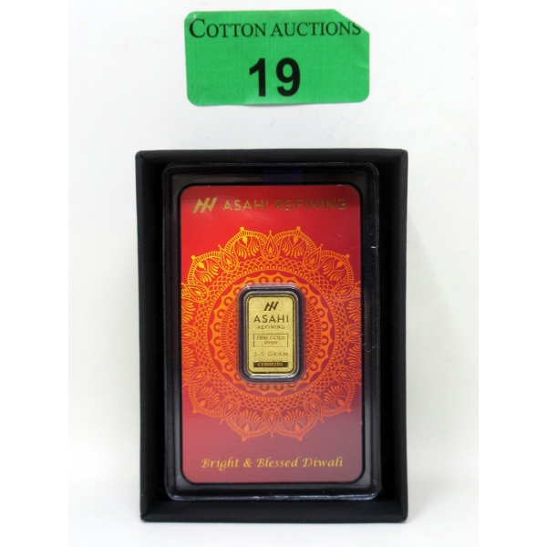 2.5 Gram .9999 Fine Gold Asahi Diwali Certified Bar 