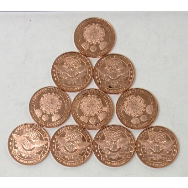 Ten .999 Copper 1 Oz. Covid Molecule Rounds