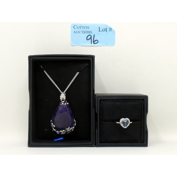 Ocean Blue Mystic Topaz & Diamond Ring & Amethyst Pendant/ Necklace