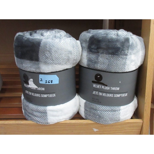 2 New Velvet Plush Throw Blankets - Grey