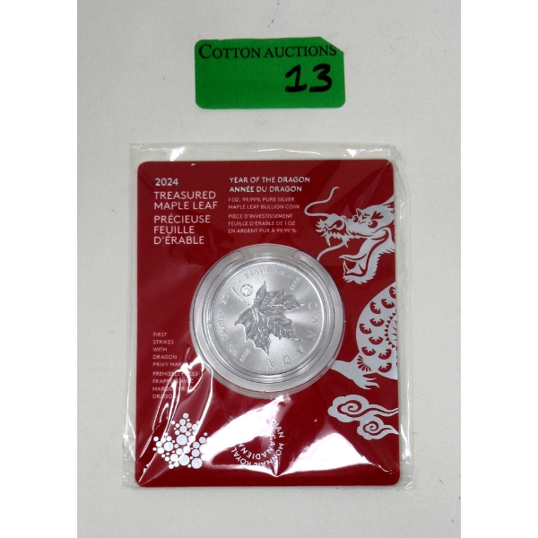 1 Oz .9999 Silver 2024 Year of the Dragon Maple Leaf Coin 