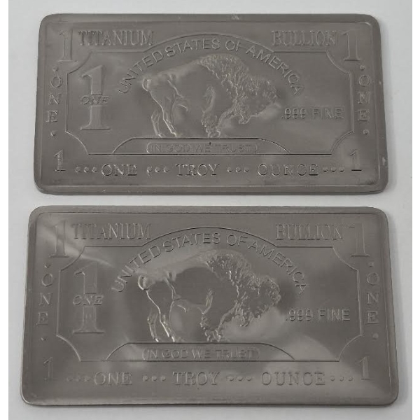 2 x 1 Oz .999 Fine Titanium Buffalo Bars