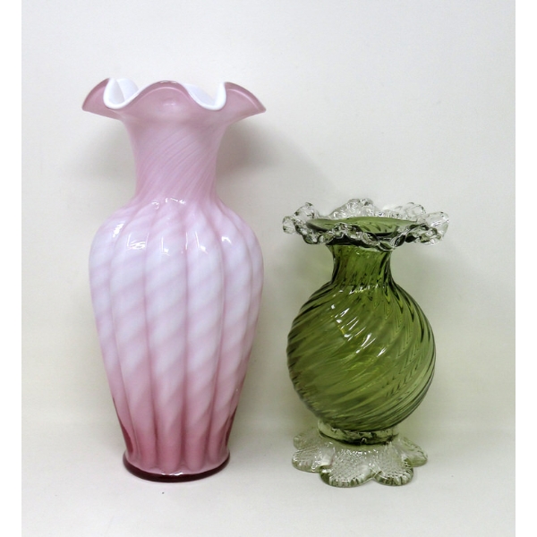 2 Vintage Art Glass Vases - 1 Green & 1 Pink