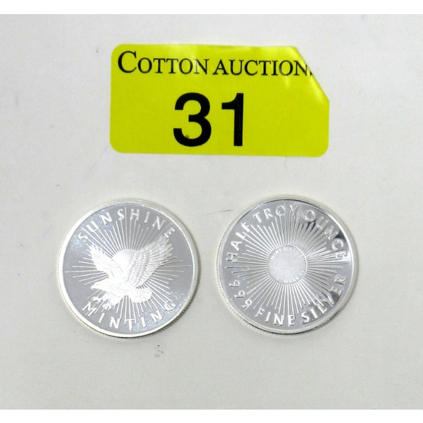 2 x 1/2 Oz .999 Silver Sunshine Minting Rounds 