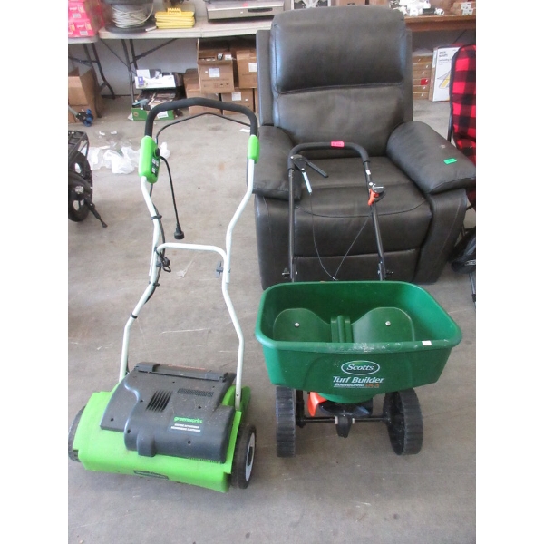 Scott's Seed Spreader & Greenworks Dethatcher 