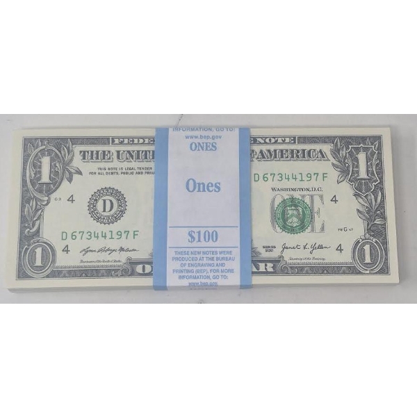 100 x $1 USD Uncirculated Federal Reserve Bundle 