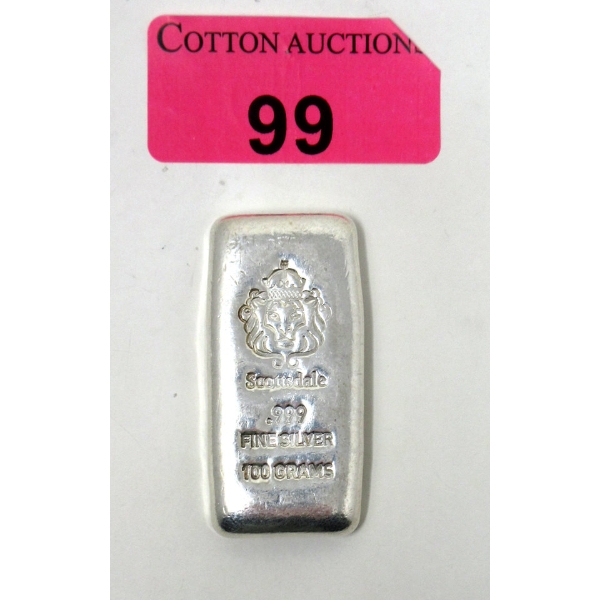 100 Gram .999 Silver Scottsdale Lion Mint Bar 