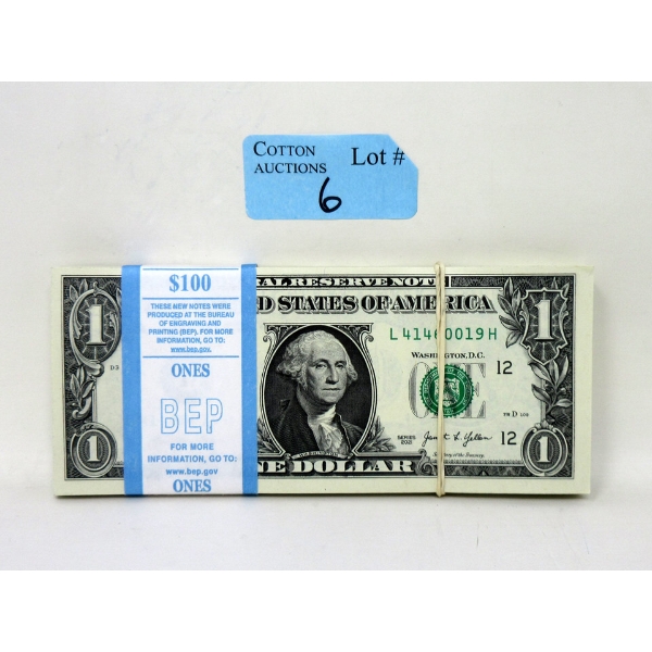 100 x $1 USD Uncirculated Sequential Numbered Federal Reserve Bundle 