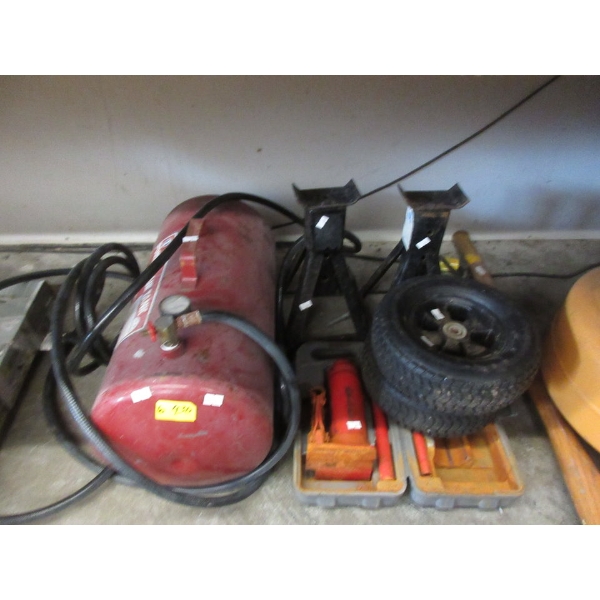 6 Pc. Lot of Jacks, Dolly Tires & 7 Gal Air Tank