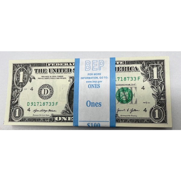 100 x $1 USD Uncirculated Federal Reserve Bundle 