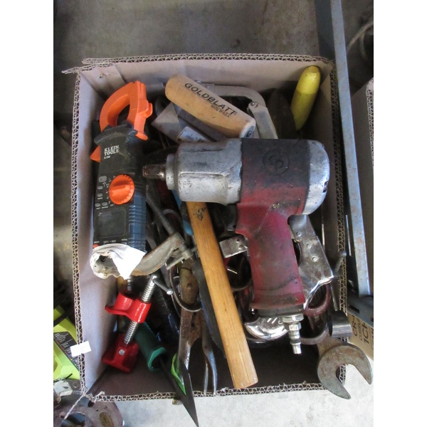 Box Lot of Air Tool and Assorted Hand Tools