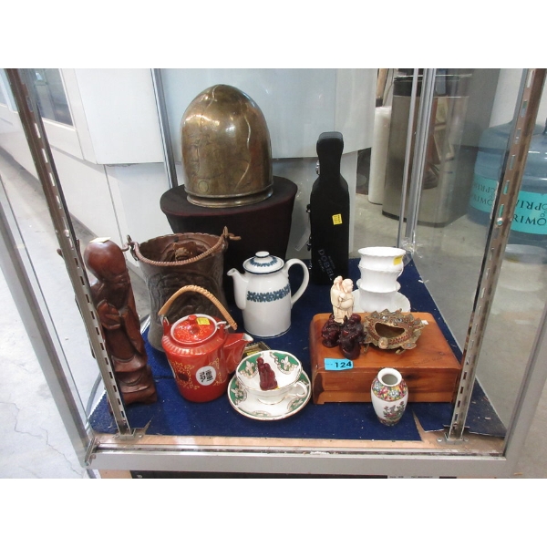 Shelf Lot of Brass, China and Wood Collectibles