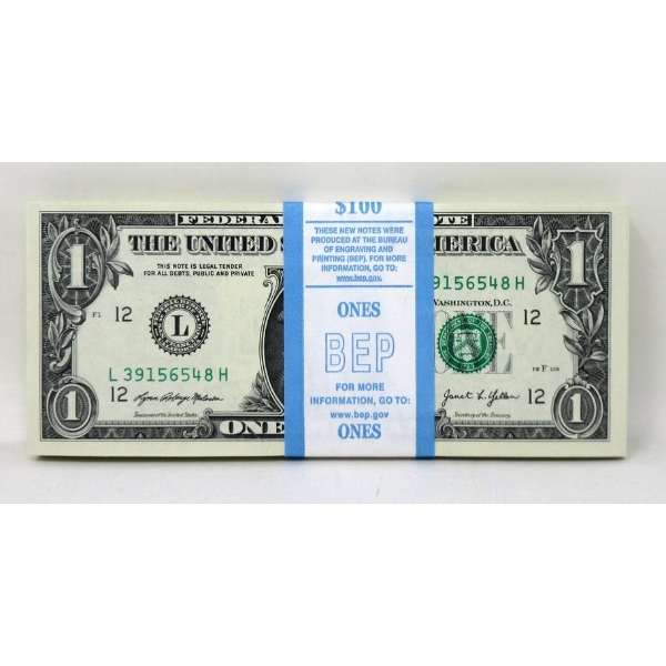 100 x $1 USD Uncirculated Federal Reserve Bundle