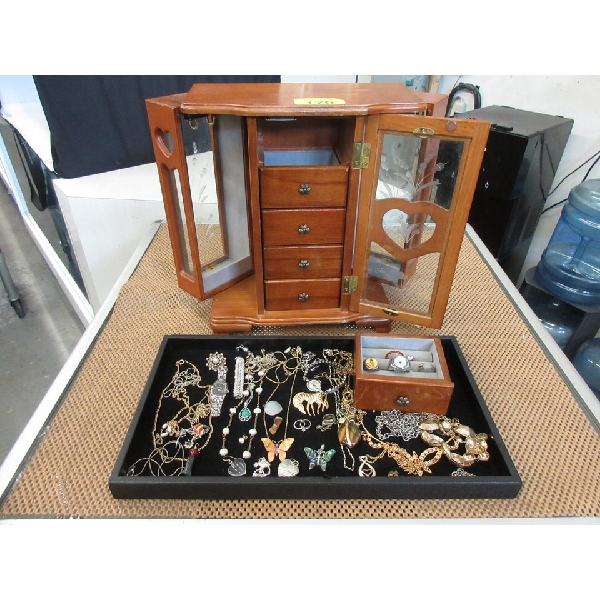 Wood Jewelry Box and Contents