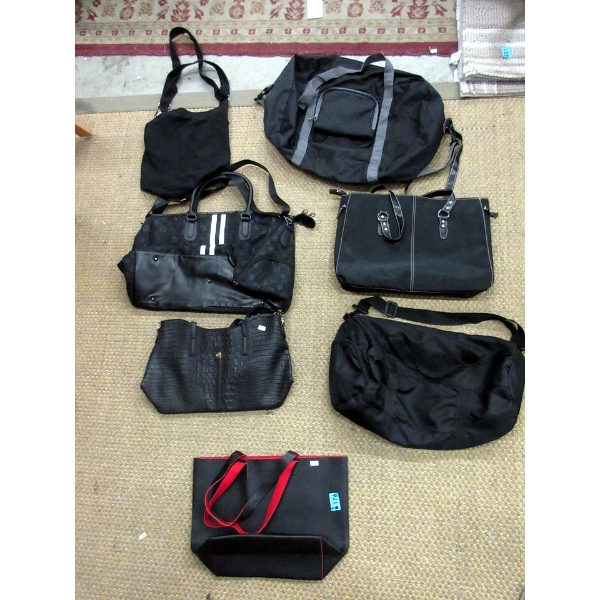7 Assorted Black Totes and Duffels 