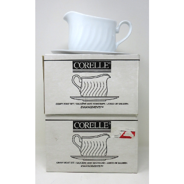 2 New Corelle White Gravy Boats with Saucers