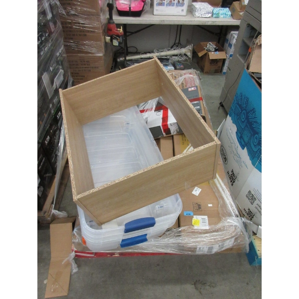 Skid of Assorted Flat Pack Furniture & Totes