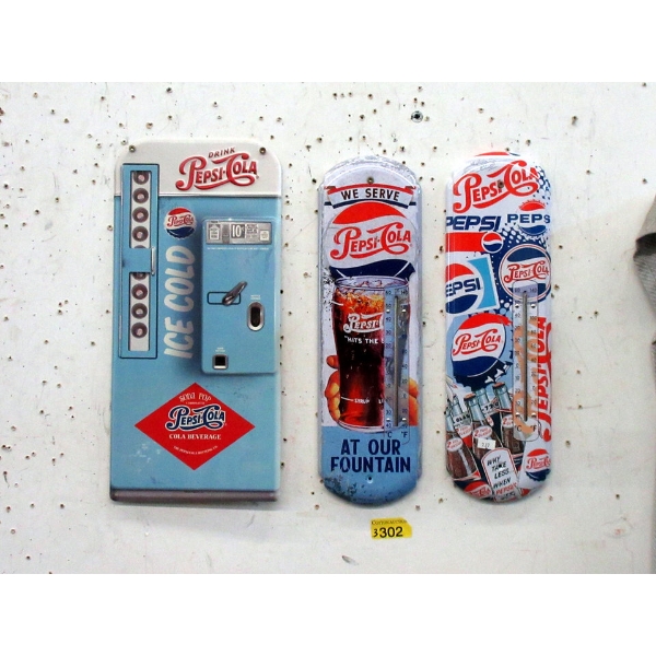 New Metal Pepsi-Cola Wall Sign & 2 Thermometers