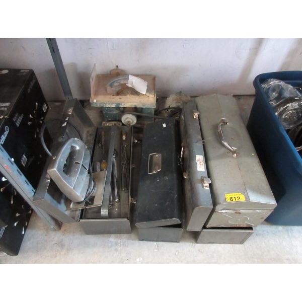 4 Metal Tool Boxes (with contents) & 1 Lapidary Saw