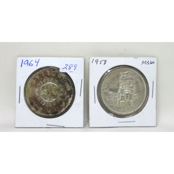 One 1958 & One 1964 Canada 80% Silver Dollar Coin