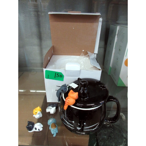 3 New Glazed Ceramic Cat Mugs with Charms