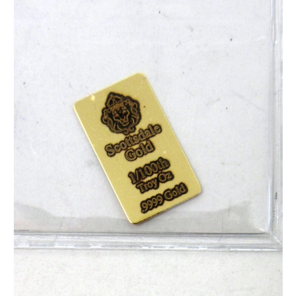 1/100 Oz .9999 Fine Gold Scottsdale Lion Mint Bar 