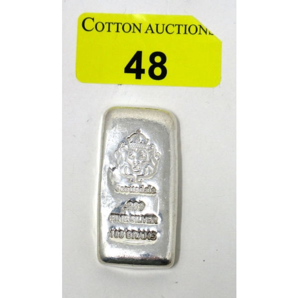 100 Gram .999 Silver Scottsdale Lion Mint Bar 