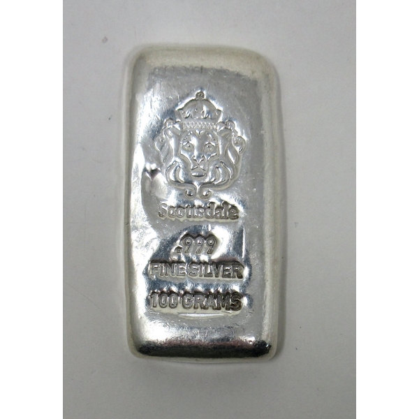100 Gram .999 Silver Scottsdale Lion Mint Bar 