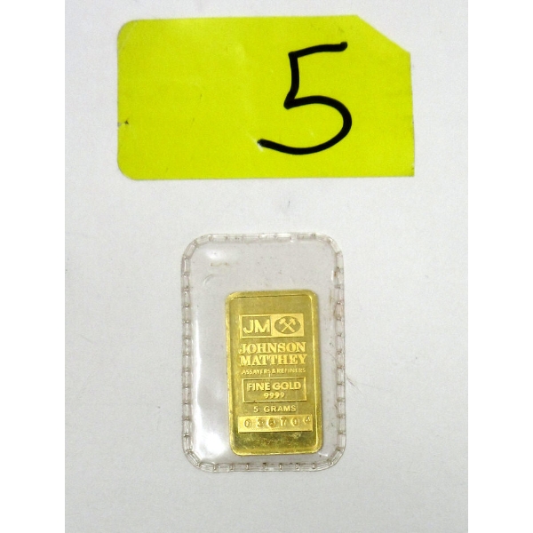 5 Gram .9999 Fine Gold Johnson Bar 