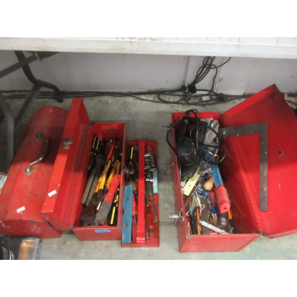 3 Assorted Red Metal Tool Boxes and Contents