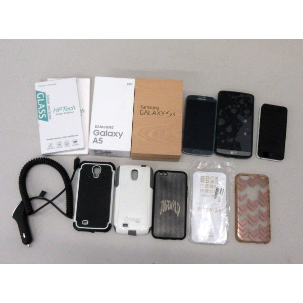 5 Cell Phones, 5 Cases, 2 Screen Protectors & 12 V Charger