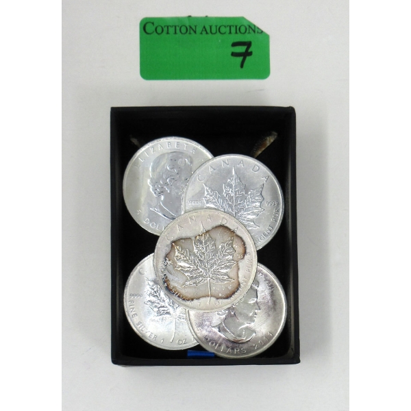 5 x 1 Oz .9999 Silver 2011 Maple Leaf Coins 