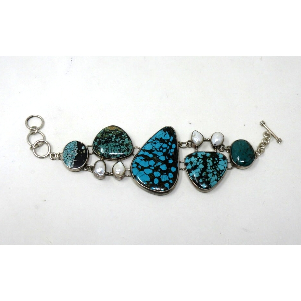  Wide 925 Silver Agate and Pearl Toggle Bracelet 