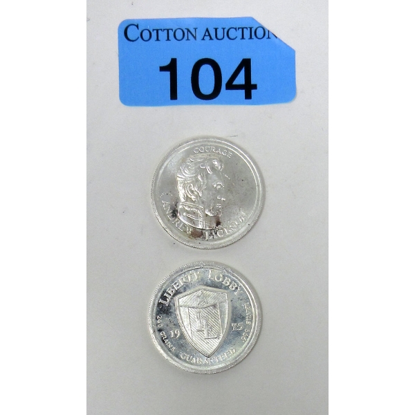 Vintage 2 x 1/2 Oz .999 Silver Andrew Jackson 1975 Rounds 